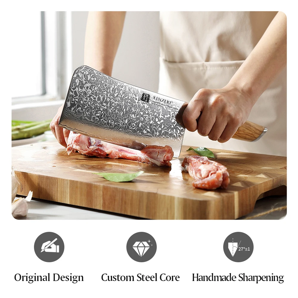 XINZUO 7\'\' inch Bone Chopper Knife Damascus Steel Solid Olive Wood Handle Chef Sharp Bone Powerful Cleaver Chopper Butcher Knife