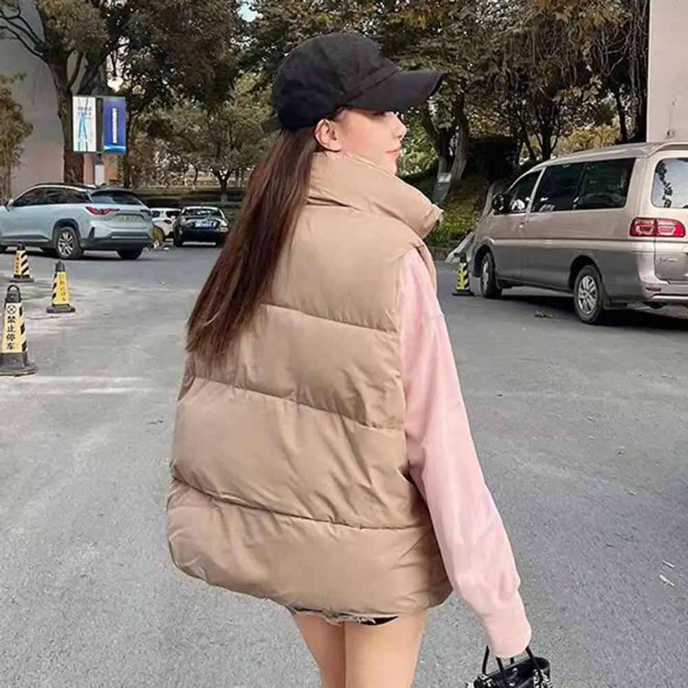 Winter Women Vest Coat Padded Zipper Closure Turn-down Collar Sleeveless Winproof Heat Retention Outdoor Down Coat