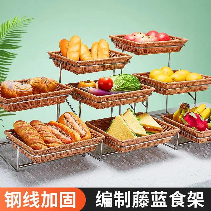 

Double Triple Buffet Bread Cake Tray Imitation Rattan Woven Basket Stainless Steel Food Display Stand with Lid Hotel