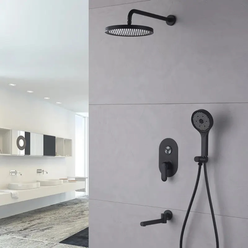 Matte Black Round Shower Head Wall Mounted With Shower Bathtub Faucet
