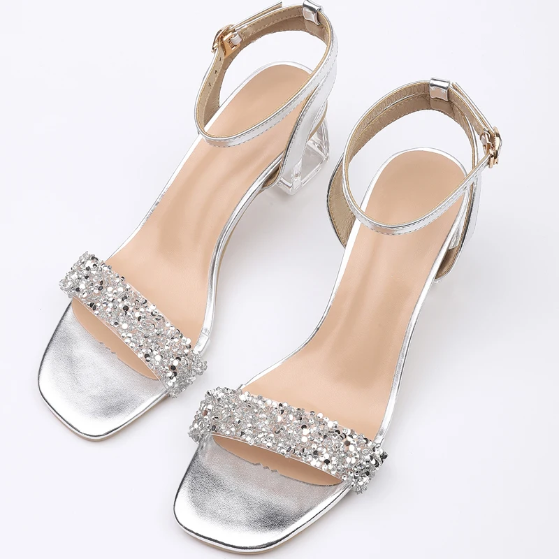 Rhinestone strap, mid-heel sandals, women\'s transparent crystal heel, sexy and versatile, fashion women\'s shoes, banquet shoes,