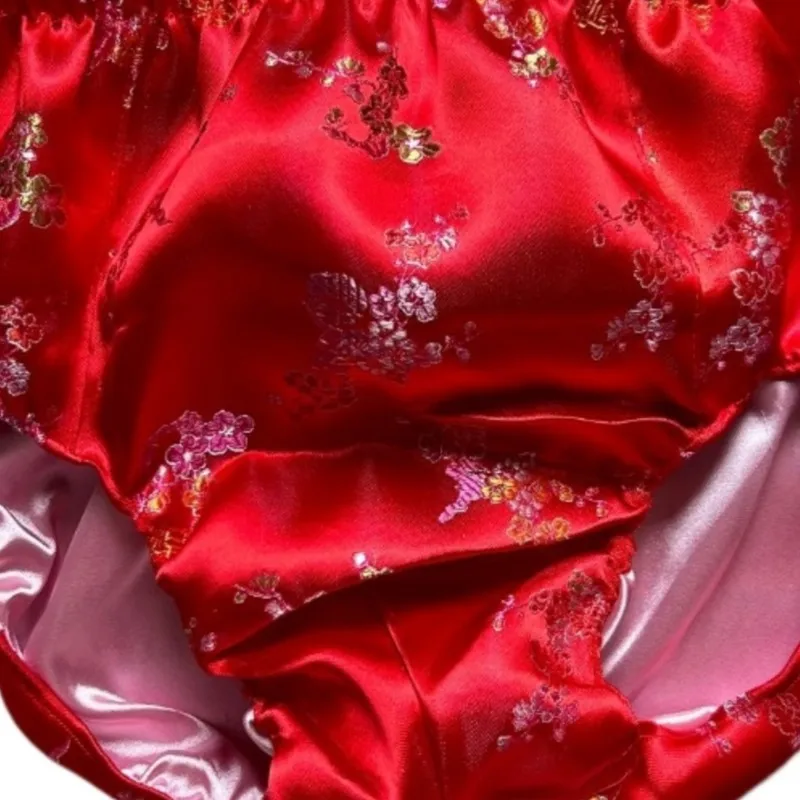 Plus Size Men Flower Satin Triangle Briefs Women Soft Loose Silk Touch Lingerie Panties Glossy Double layer Underpants Underwear