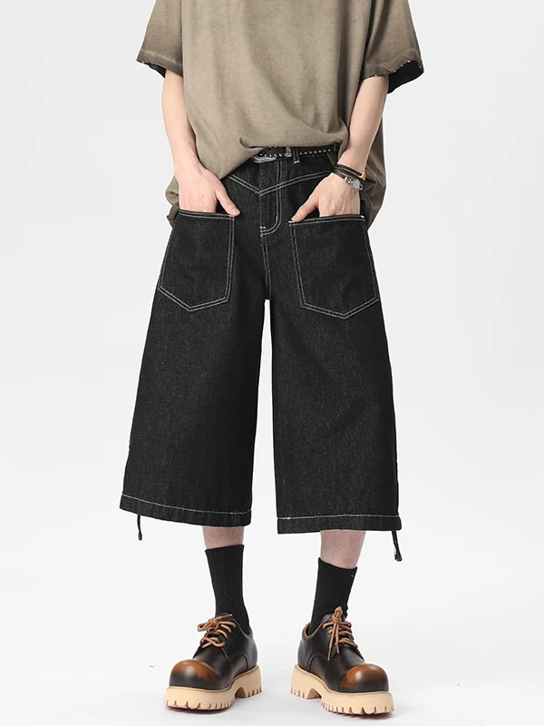 

American Retro Original Color Denim Seven-Foot Men's Summer Waed Two-Way Wide Leg orts Trendy Loose Over-Knee Pants