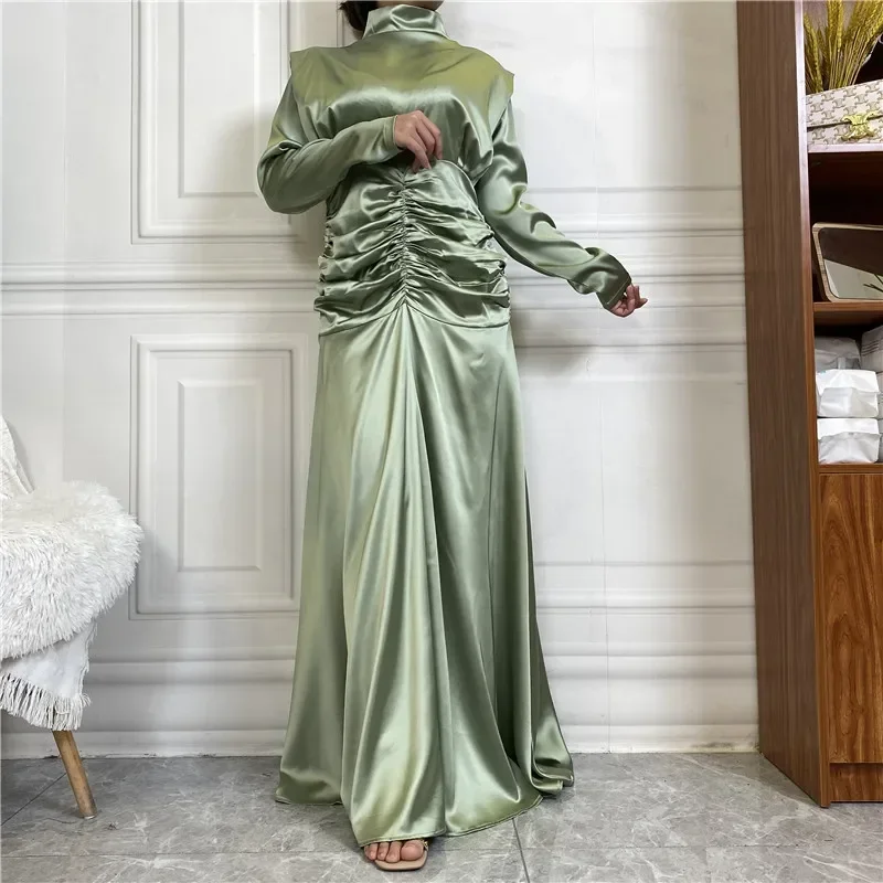 Smooth Thick Satin Muslim Abayas for Women Elasticity Dress with Fold Elastic Pleated Waist Dress Middle East Muslim Solid Abaya