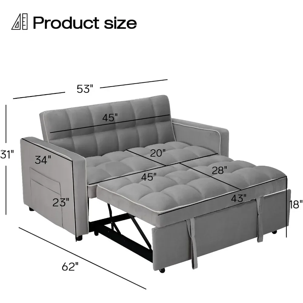 3 in 1 Convertible Sleeper Sofa Bed, Velvet Modern Loveseat Futon Couch Pullout Bed with Side Storage Pockets, Small Love Seat