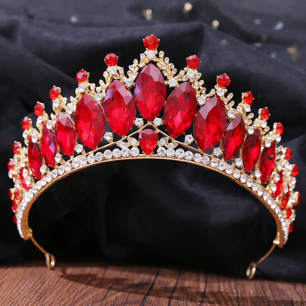 Baroque Red Crystal Tiaras And Crowns Prom Rhinestone Bridal Diadem Crown Taira For Women Wedding Hair Accessories Jewelry Crown