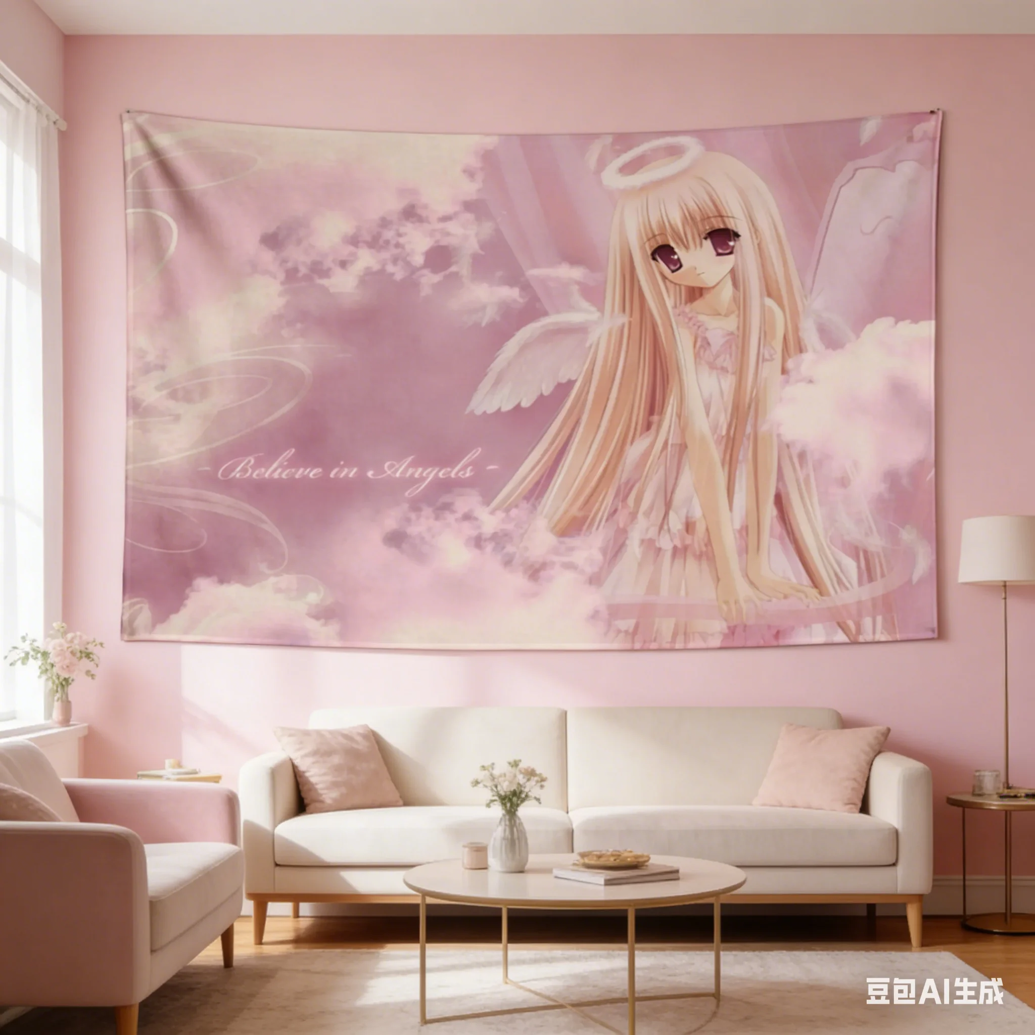 1pc Angelic Kawaii Angel Girl Tapestry 2D Polyester Flat Print Pink Cloud Wall Hanging Decor for Bedroom Living Room Gift