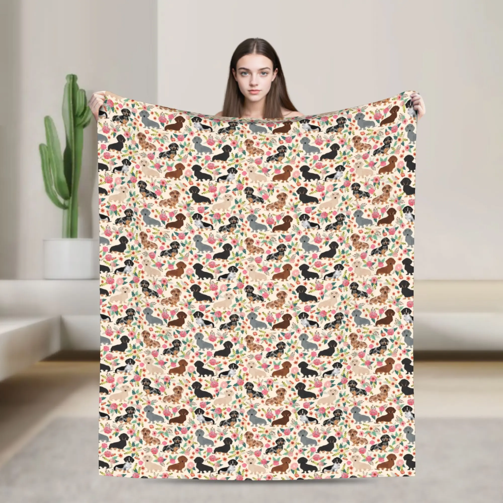 Doxie Florals Dachshund Blanket Soft Fleece Spring Warm Flannel Sausage Dog Lovers Throw Blankets for Sofa Outdoor Bedding Quilt