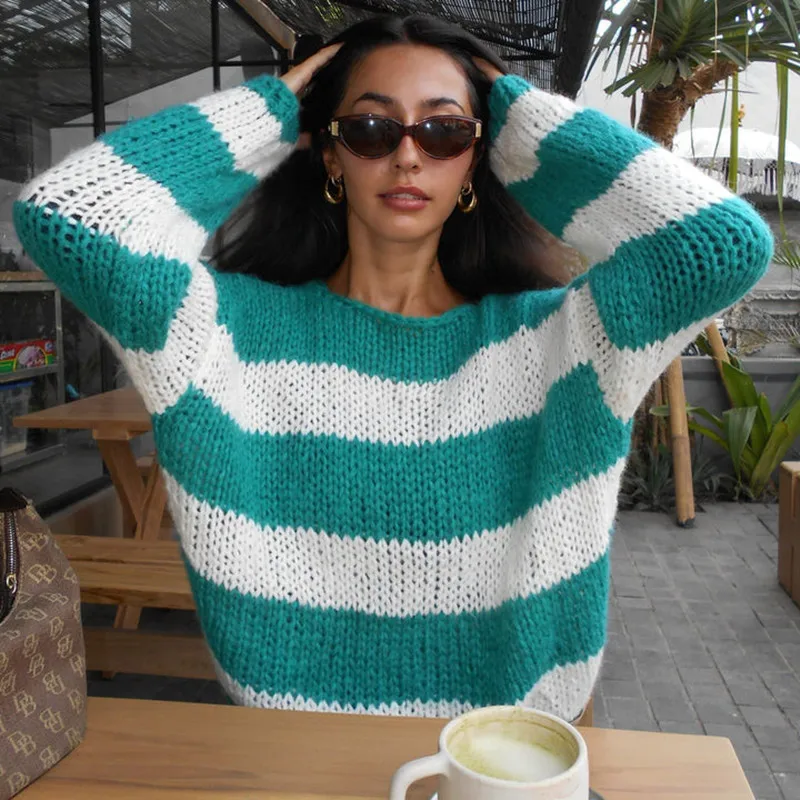 Gaono Women Oversized Striped Sweater Fashion Color Block Knit Long Sleeve Sweatshirt Loose Pullover Y2K Preppy Jumper