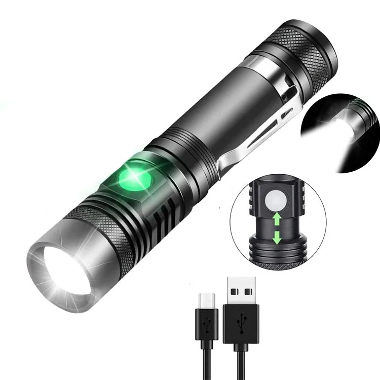 

Bright LED Tactical Flashlight With T6 LED Lamp Beads Waterproof Torch Zoomable 3 Lighting Modes Multi-function USB Charging