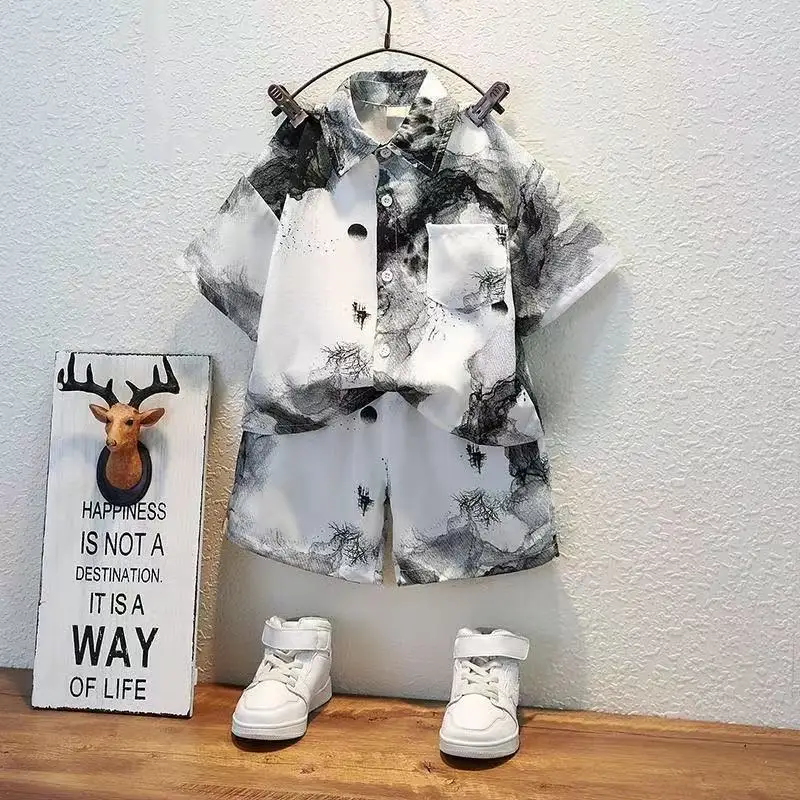 Kids Clothes Sets New Summer Baby Boys Short Sleeve Lapel Tie-dye Print Shirt Top with Shorts Children Casual Clothing