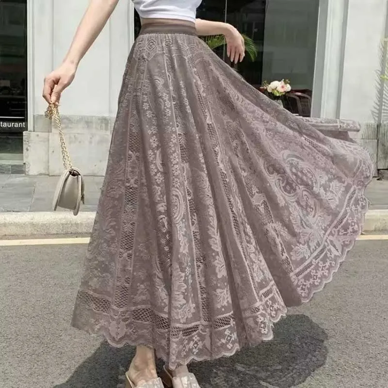 Fashion Elastic Waist Spliced Gauze Lace High Waist Skirt Women\'s Clothing 2024 Spring New Loose Solid Color Office Lady Skirts