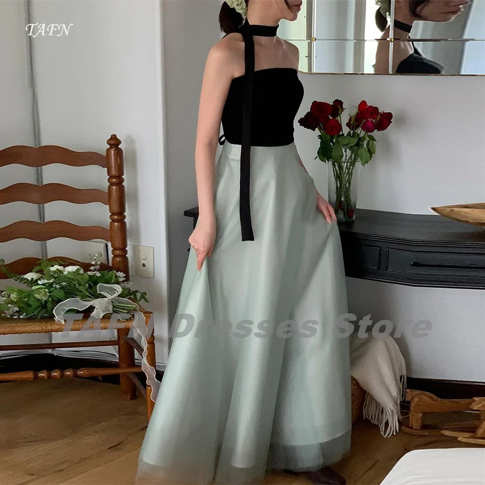 

TAFN Korea Photo Shooting Dresses Strapless Soft Green Pleat Evening Party Dresses Floor-Length Patchwork 이브닝 파티 드레스 Customized