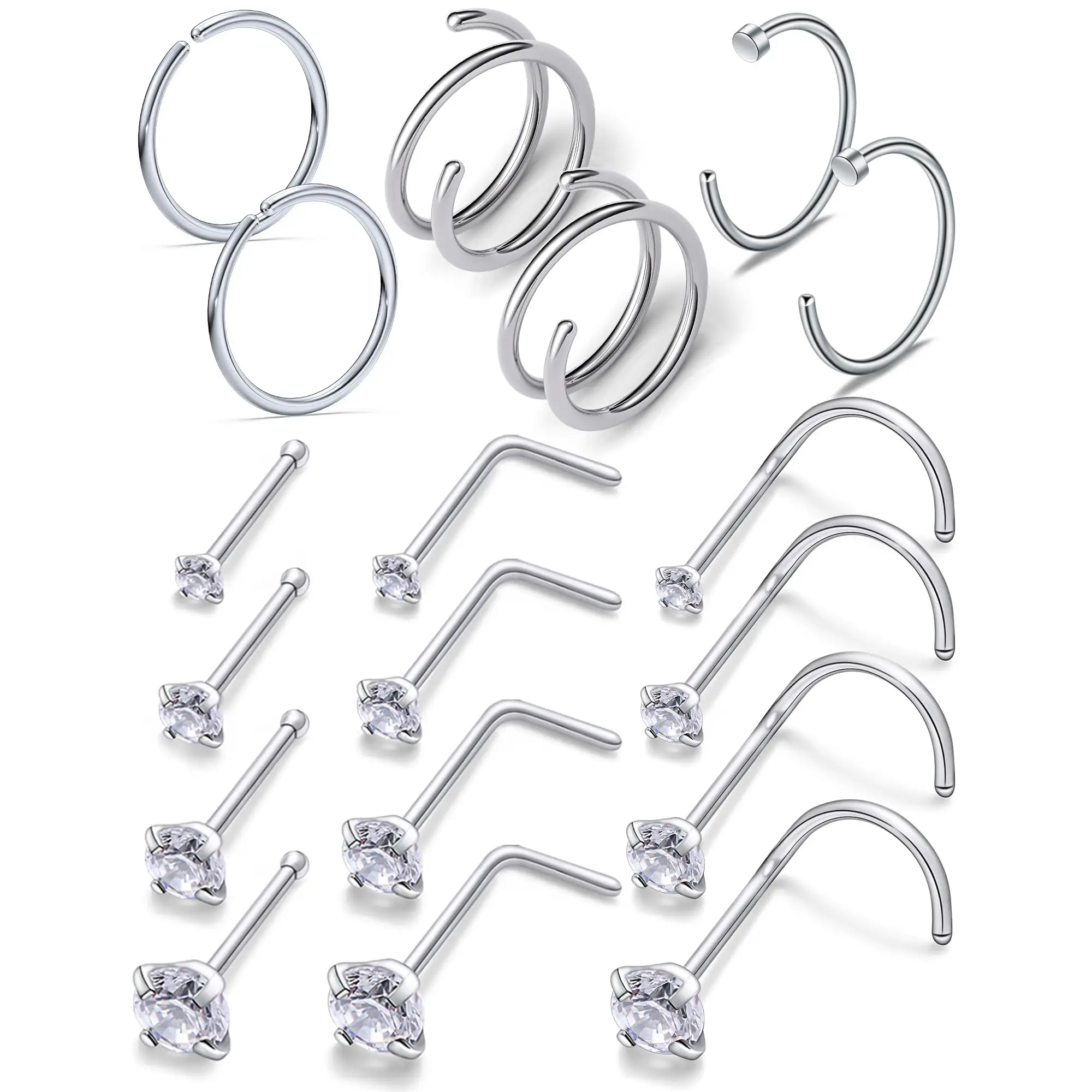 18Pcs Nose Rings and Studs 20 Gauge Surgical Steel Straight Bend/Straight/L-Shaped Rod Shape Nostril Piercing Jewelry Unisex