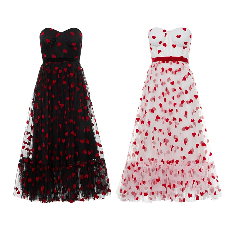 

Women's Summer Sexy Fashion Creative Tulle Dress Sleeveless Backless Off Shoulder Heart Print Dress