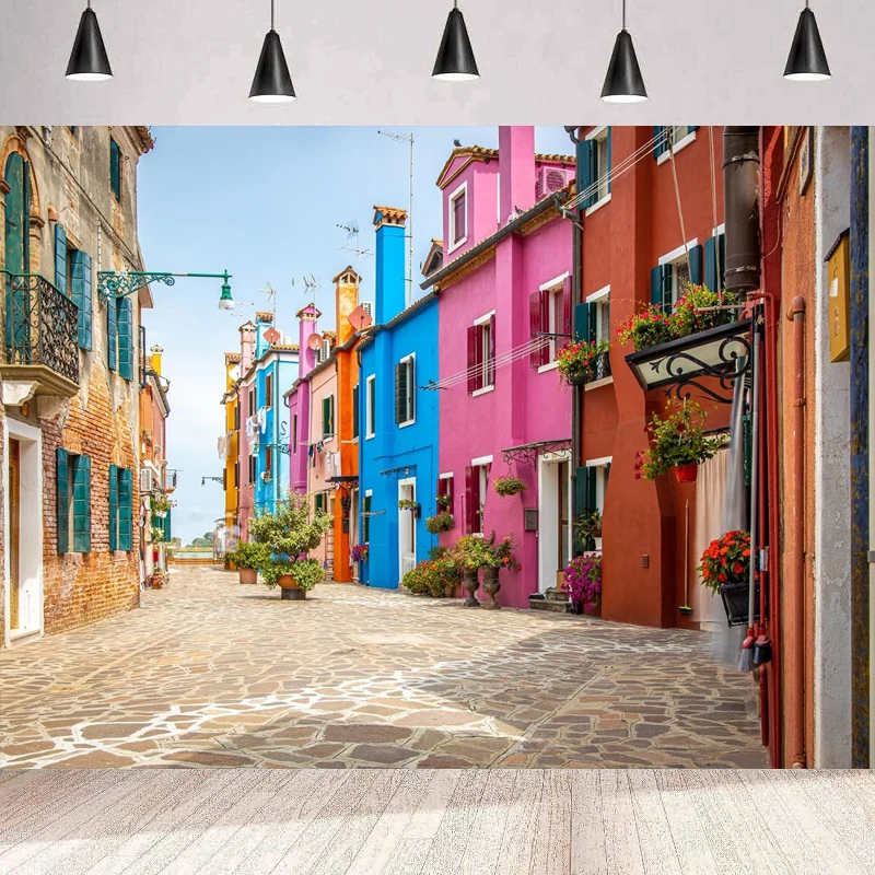 Photography Backdrop Venice Burano Island Small Town Street Scene Background Wall For Italian Party Decorations Wedding Shoot