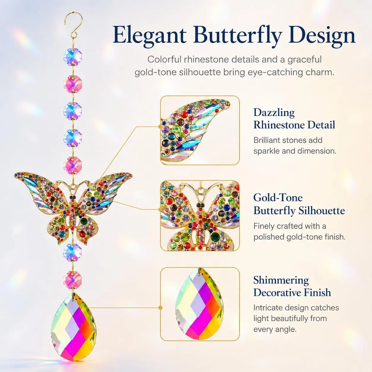 2 Pairs Crystal Butterfly Shaped Suncatchers for Window Garden Patio Decorative Hanging Ornaments