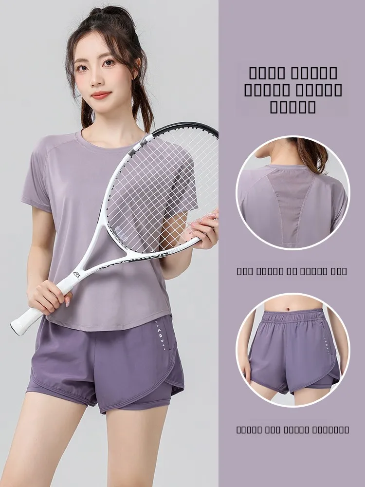 

Летний спортивный костюм Qui Dry Running Fitn, женский свободный костюм для утреннего бега, профессиональная одежда для йоги, комплект футболок