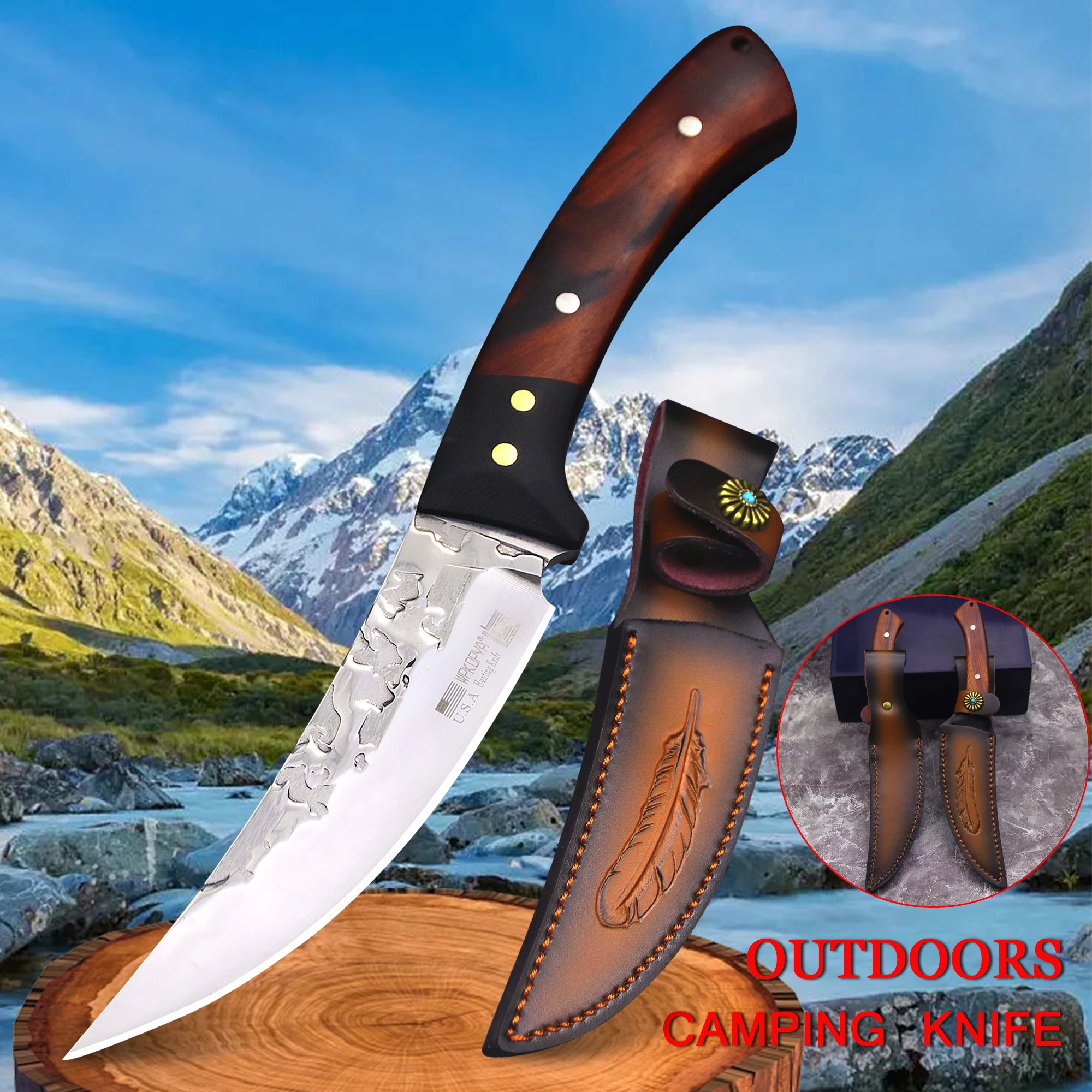 WPKOPYA  hunting straight knife + knife sheath, jungle survival rescue tactical knife, skilling, boning knife, camping EDC tool