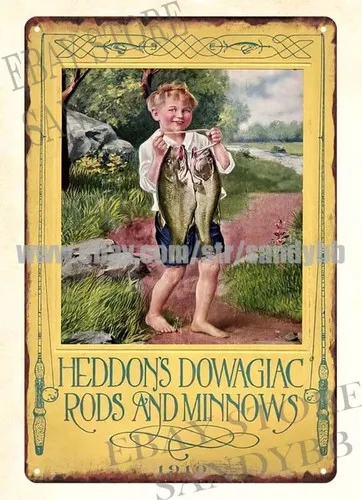 1910 Heddon;s Dowagiac Rods Minnows fishing metal tin sign painting prints