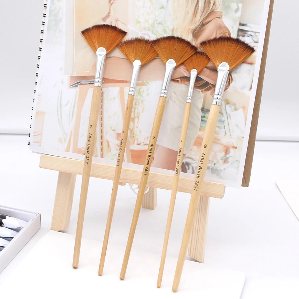 5Pcs Fan Shaped Nylon Hair Gouache Watercolor Paint Brush Set For Artist School Painting Drawing Painting Brush Art Supplies