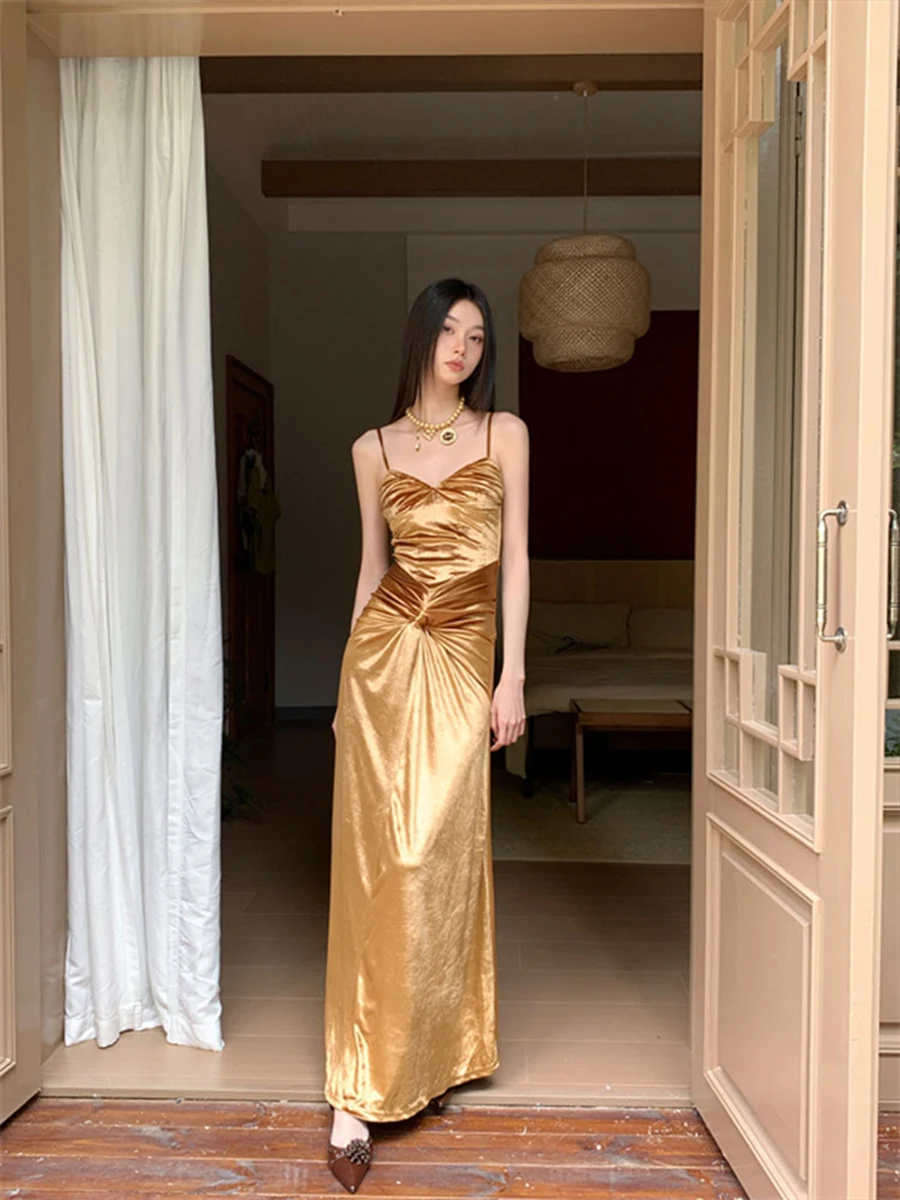 RORORIRI Abiti da sera eleganti dorati Cinturino in velluto Abiti da ballo a sirena Slim Fit Lunghezza pavimento Gala Party robe de soirée mariage