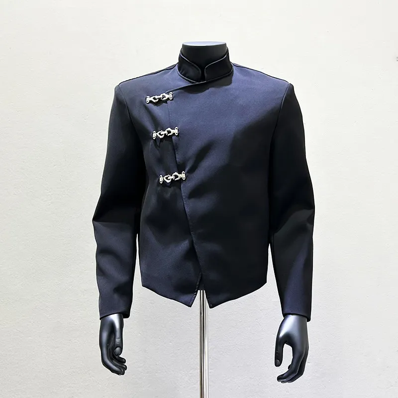 Men's Chinese Stand Collar Cropped Jacket with Deconstructed Buckles for Dinner Parties and Elevated Social Outfits