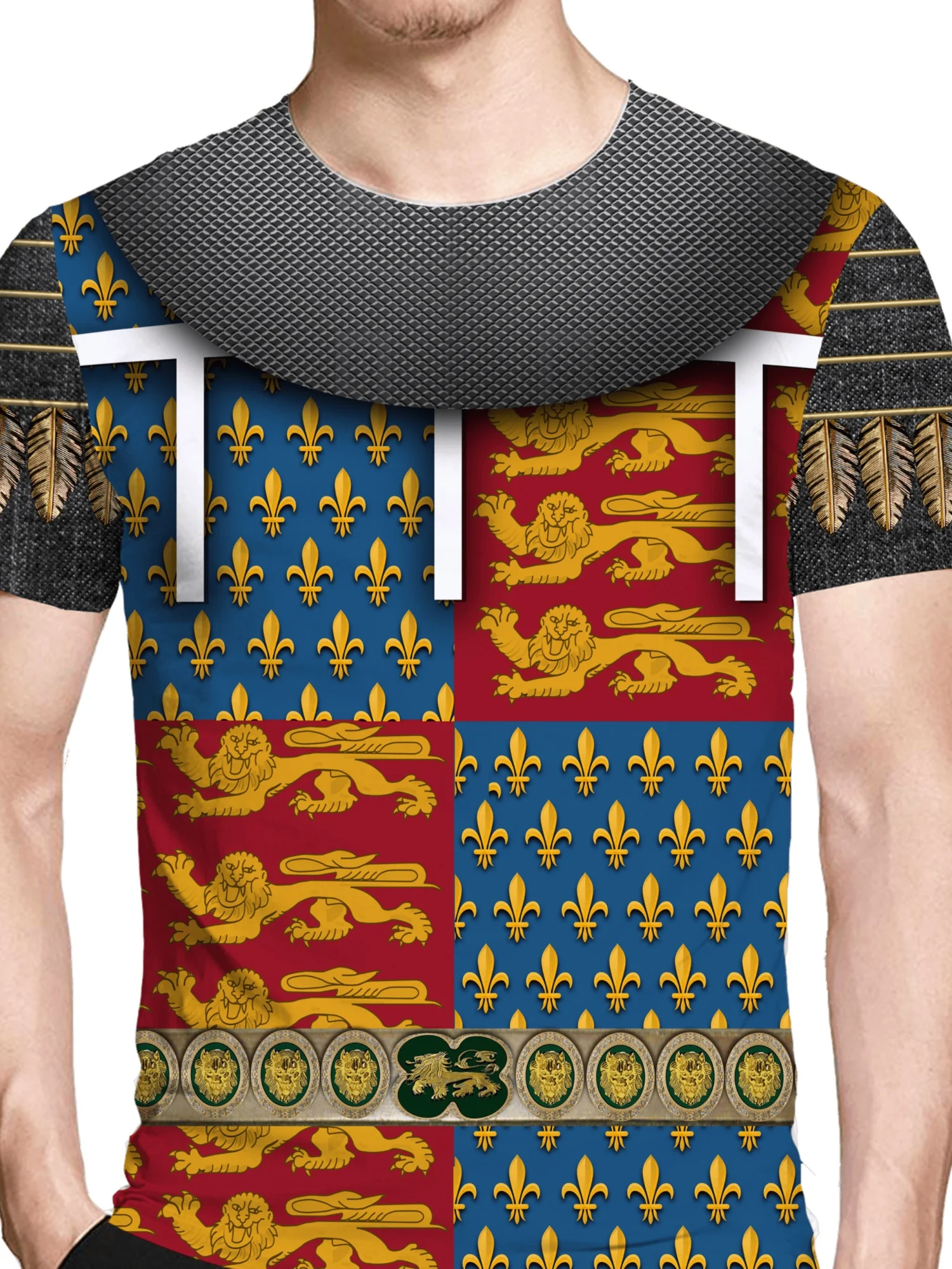 Men's Medieval Knight Armor 3D Print T-Shirt - Short Sleeve, Breathable Polyester, Retro Gorgeous Design with Coat of Arms