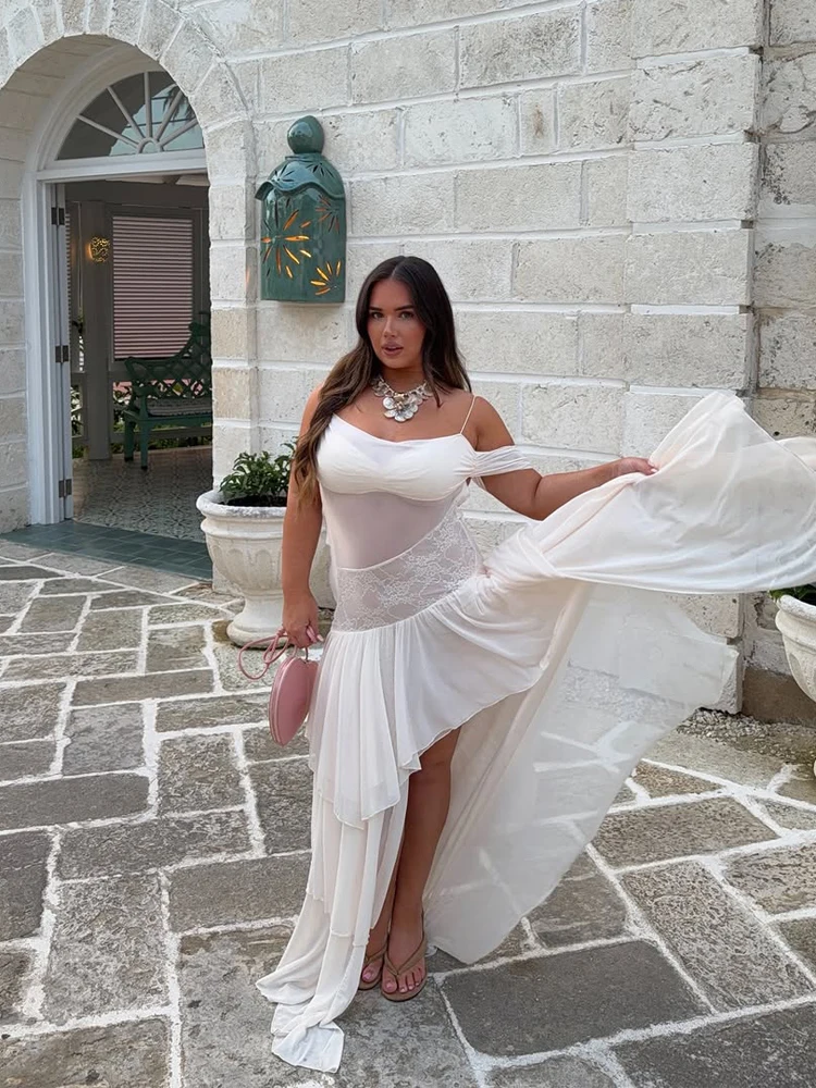 

Шикарное белое кружевное платье-слинг с пэчворком, сексуальное, с открытыми плечами, прозрачное, с низкой посадкой, с оборками, 2026, для женщин, для отпуска и вечеринок