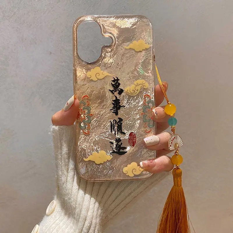 Chinese Style INS Blessings Print Phone Case For iPhone 16 15 14 13 12 11 Pro Max Plus Protective Cover with Fan Tassel Pendant