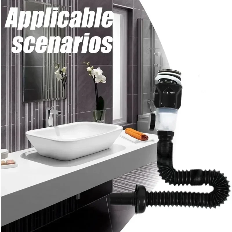 Flexible Sink Drain Pipe Kit  Anti Odor Basin Sink Drainage Pipe with Sink Stopper Bathroom Sink Drain Hose Replacement Set