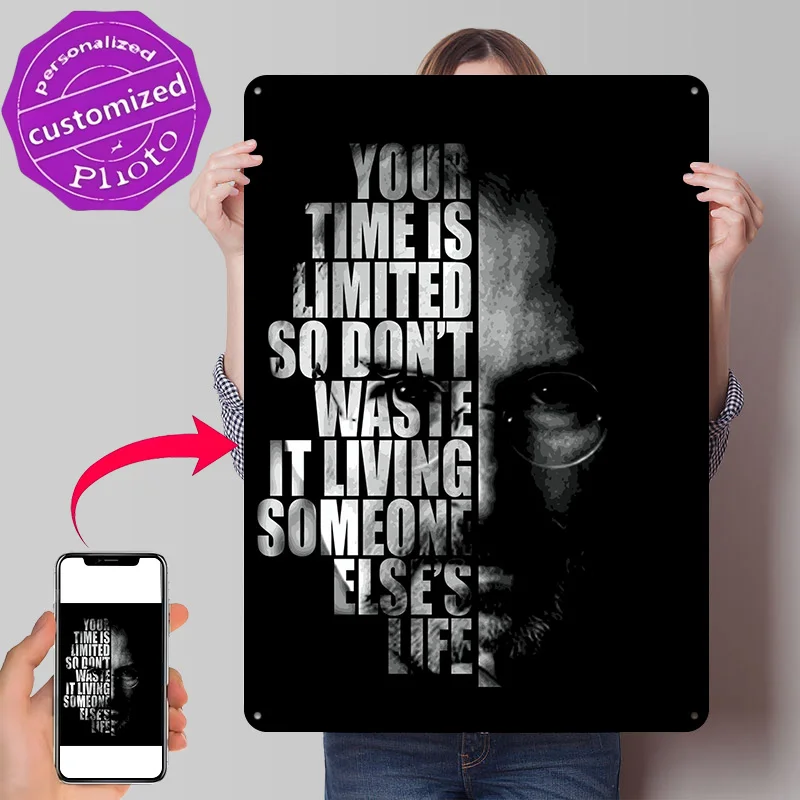 Steve Jobs Quote Portrait Black and White Personalized 3D Textured Metal Poster Wall Art Tinplate Sign for Decor Room Wand Deko