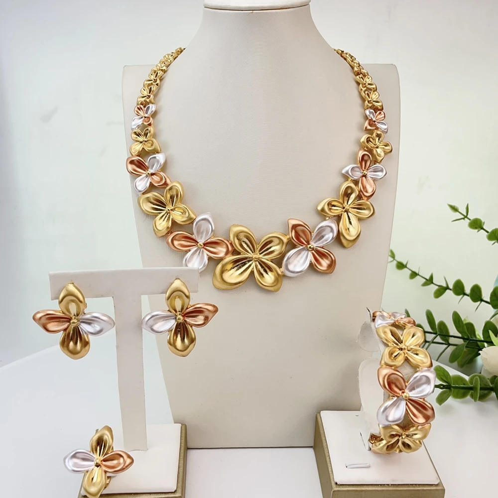Fashion Trendy Women Jewelry Set Simple Style Gold Color Necklace Earrings Bracelet Sets Girls Birthday Gifts FHK29629