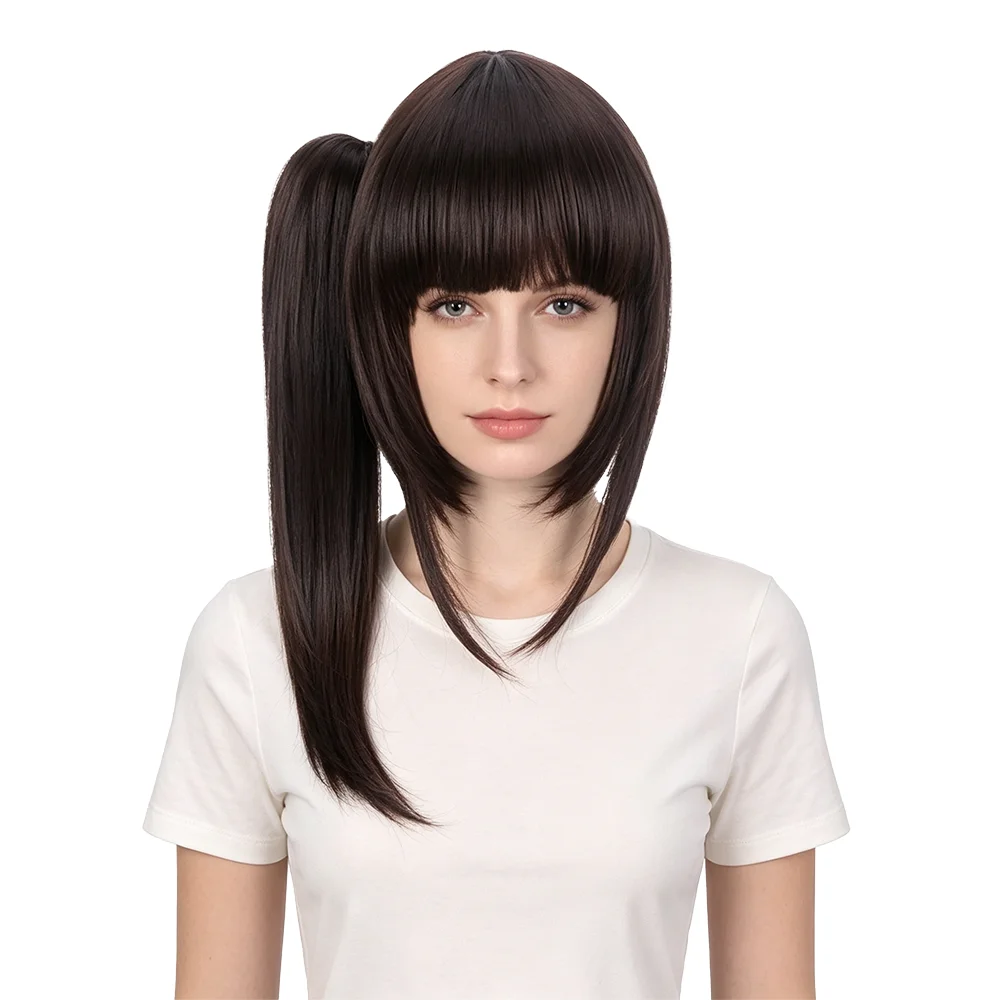 2 in 1 Detachable Tiger Clip Ponytail Wig Natural Black Hime Cut Heat Resistant Straight Wig With Bangs For Women Cosplay Party