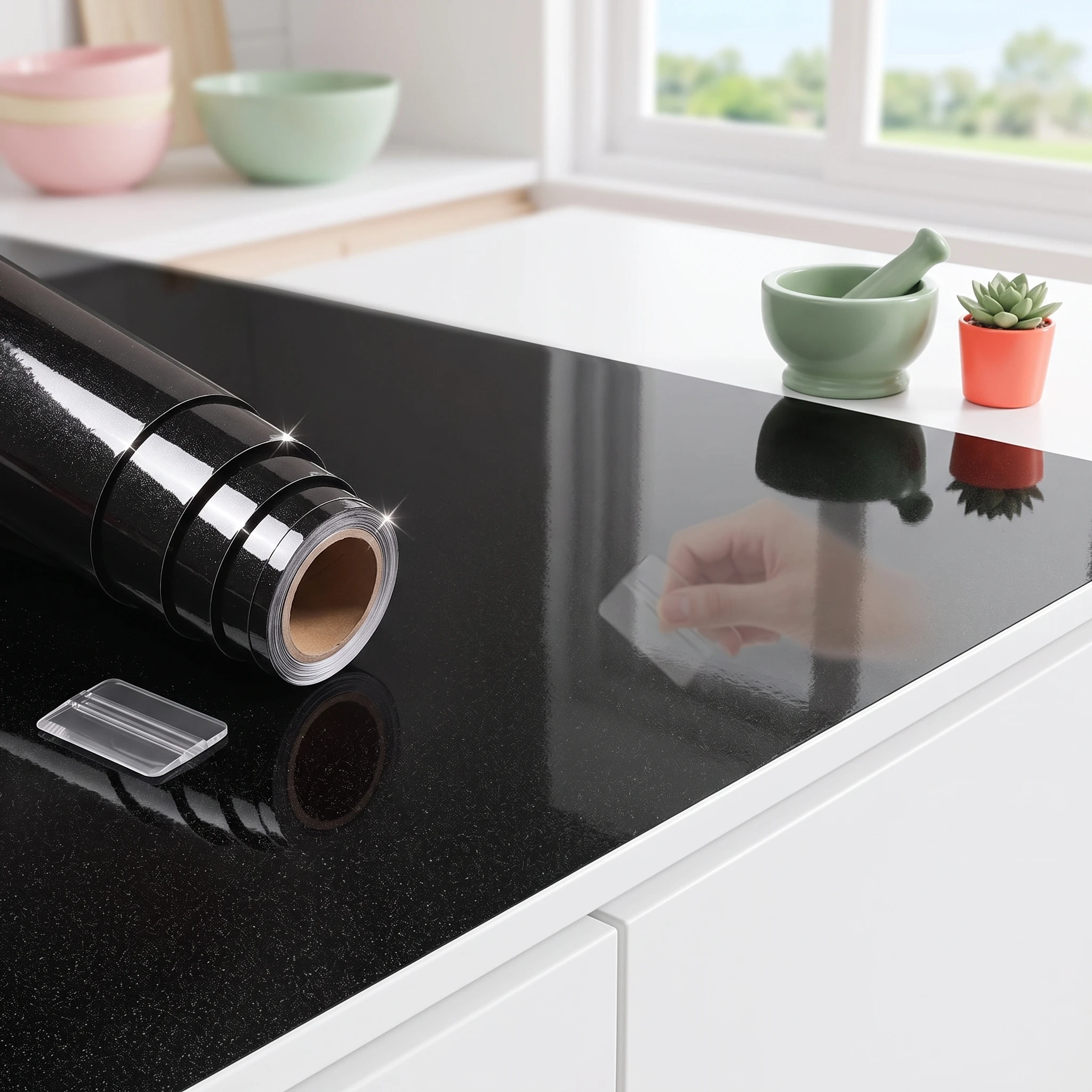 55cm Wide Vinyl Pearl Film Self-Adhesive Waterproof Wallpaper Black High Gloss Kitchen Wall Stickers for Room Furniture Decor