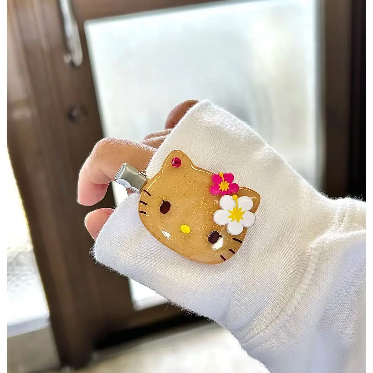 Fashion Sanrio Summer Hawaiian Black Leather Kitty Hair Clip Cute Girly Hello Kitty Side Hair Card Clip Jewelry view 3