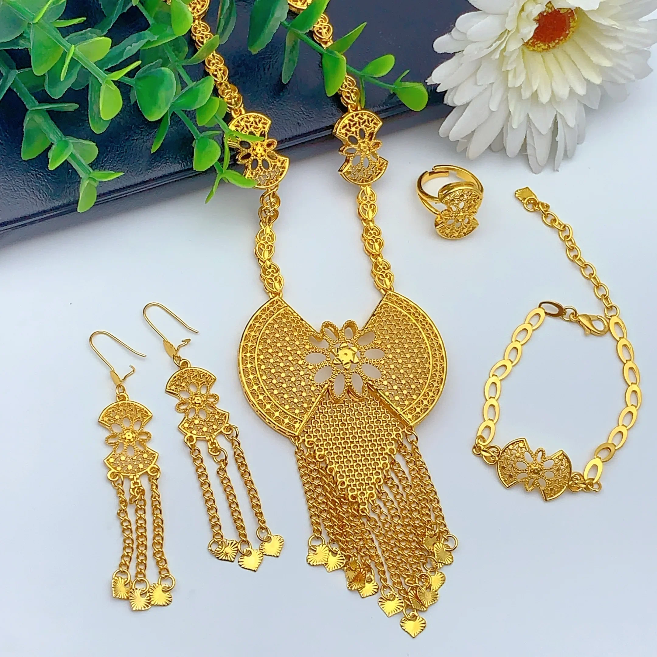 ANIID Dubai Lange Halskette, Ohrringe, Schmuckset für Frauen, indische Quaste, goldfarben, nigerianischer afrikanischer Schmuck, Partygeschenke – Detail 8
