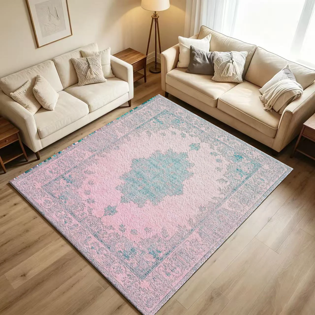 Vintage Distressed Pink Teal Oriental Medallion Carpet Flooring Retro Faded Traditional Floral Border Printed Floor Rug for Living Room Home Interior Decor