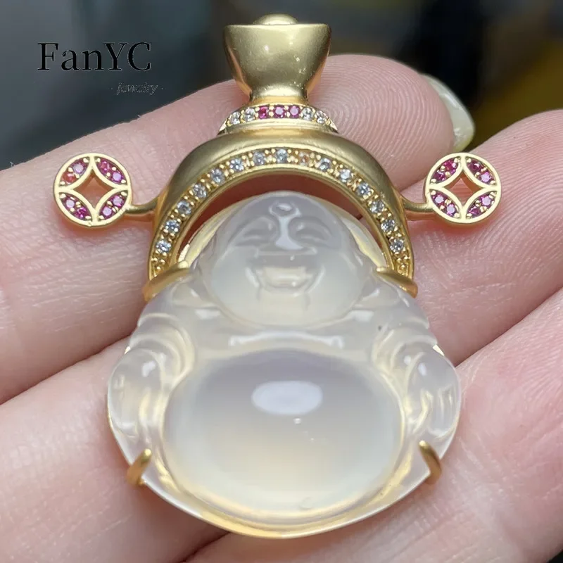 Natural Agate Ice Peace Buckle Gold Branch Jade Leaf Pendant Ancient Gilt Craft Buddha Guanyin Necklace Male and Female Mascots