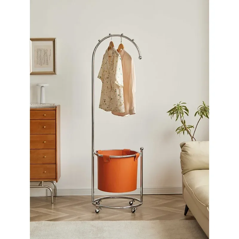 Coat rack Hanger storage Stainless steel light luxury floor leather pocket Household removable advanced light luxury style