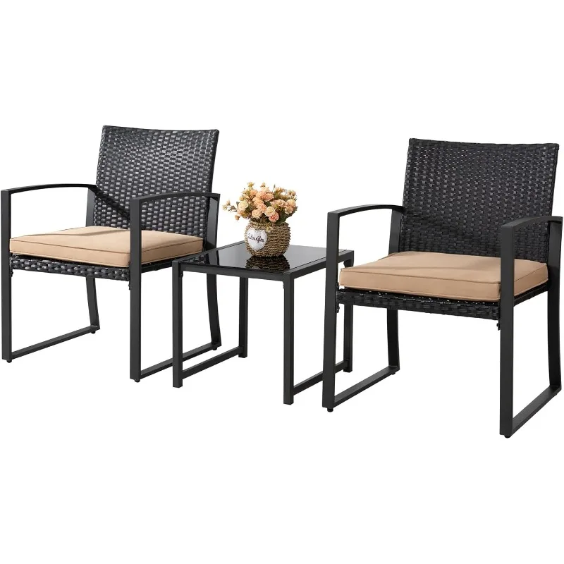 home.3 Pieces Outdoor Patio Furniture Set, Modern Wicker Bistro Set,Coffee Table for Yard Porch Poolside Lawn(Khaki)