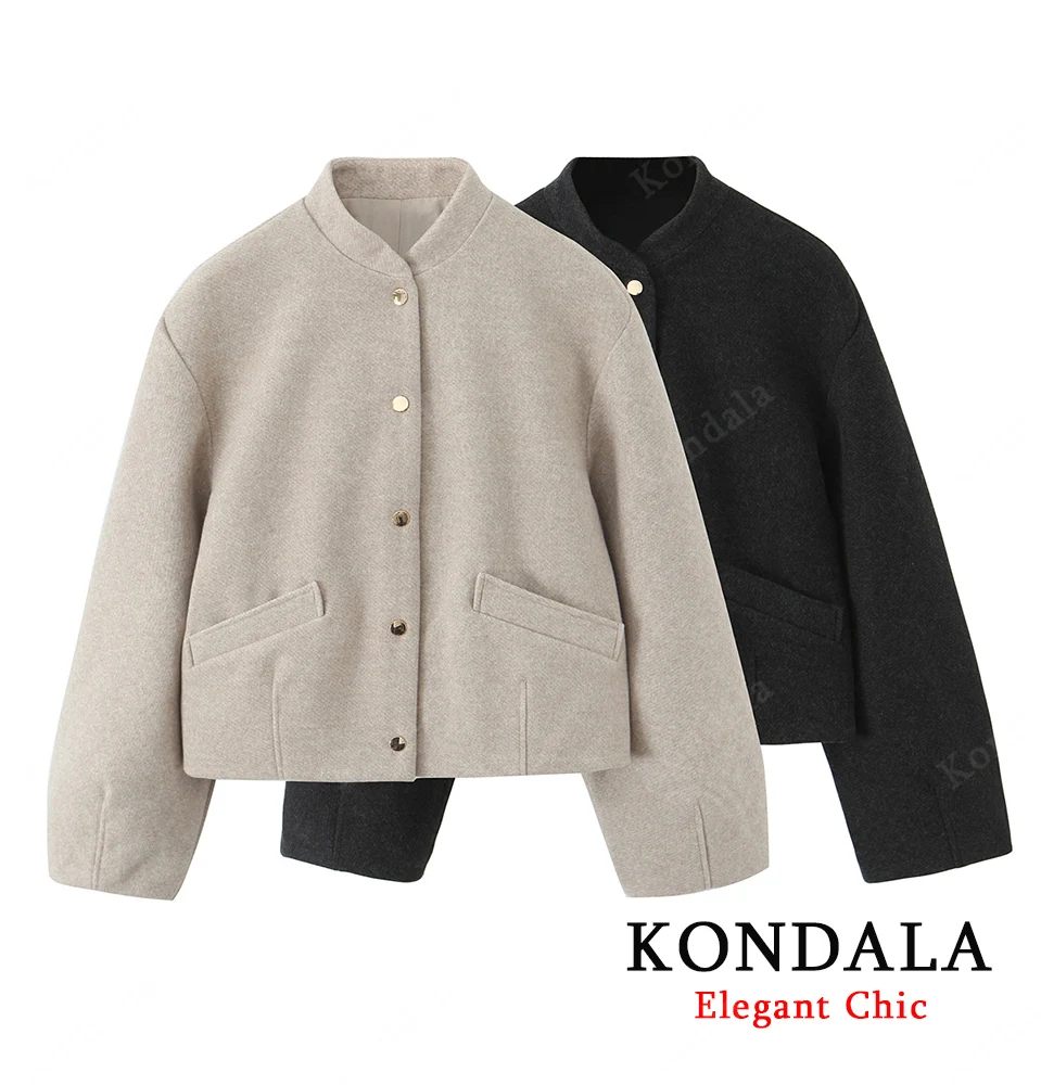 

KONDALA Women Autumn Leisure Single Breasted High Neck Coat Button Pilot Jacket 2025 Fall Fashion High Street Commuting Jacket