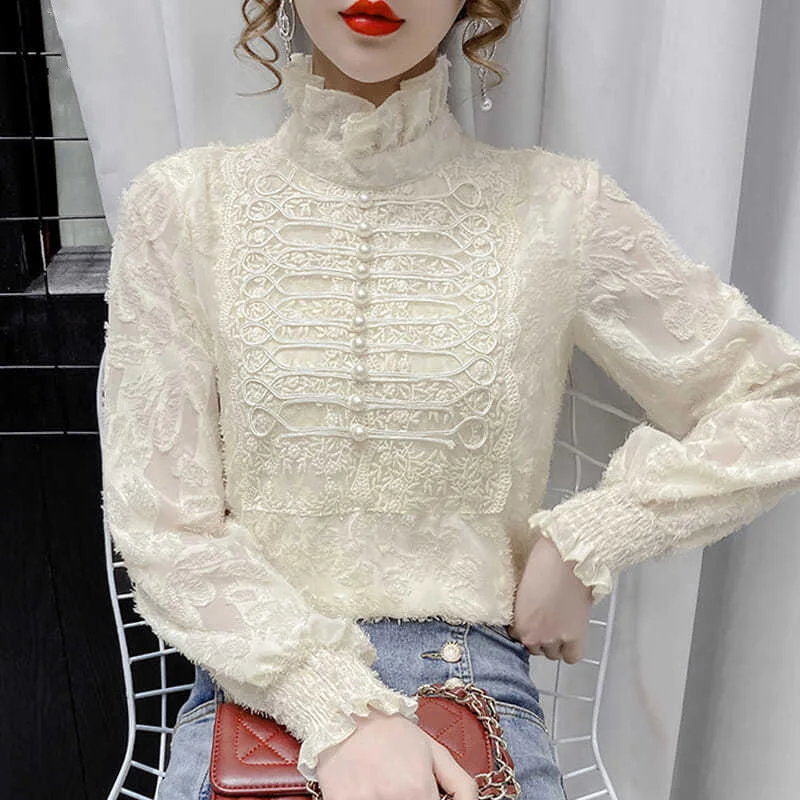 Elegant Vintage Beading Ruffles Woman Blouses 2023 Spring Office Ladies Commute Lace Hook Flower Hollow Pullovers Women\'s Shirts