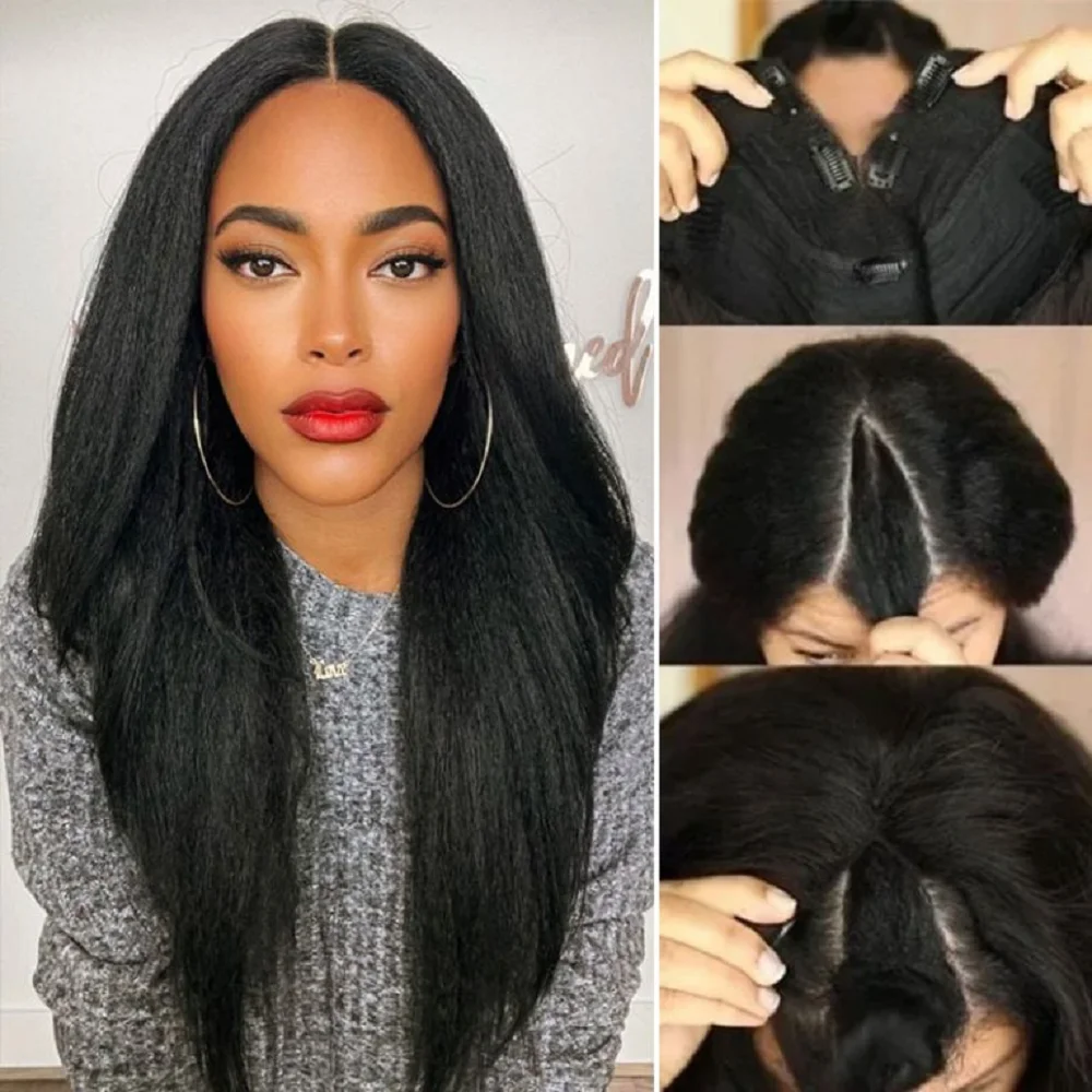 30-дюймовые парики U/V Part No Glue No Lace Kinky Straight V-образные парики из человеческих волос для чернокожих женщин 180 Плотность машинного производства парики