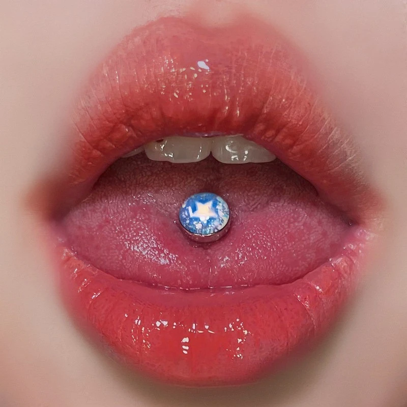 1Pc New Trendy Sweet Cool Style Stainless Steel Blue Wishing Star Tongue Stud Unique Design Body Piercing High Quality Gift