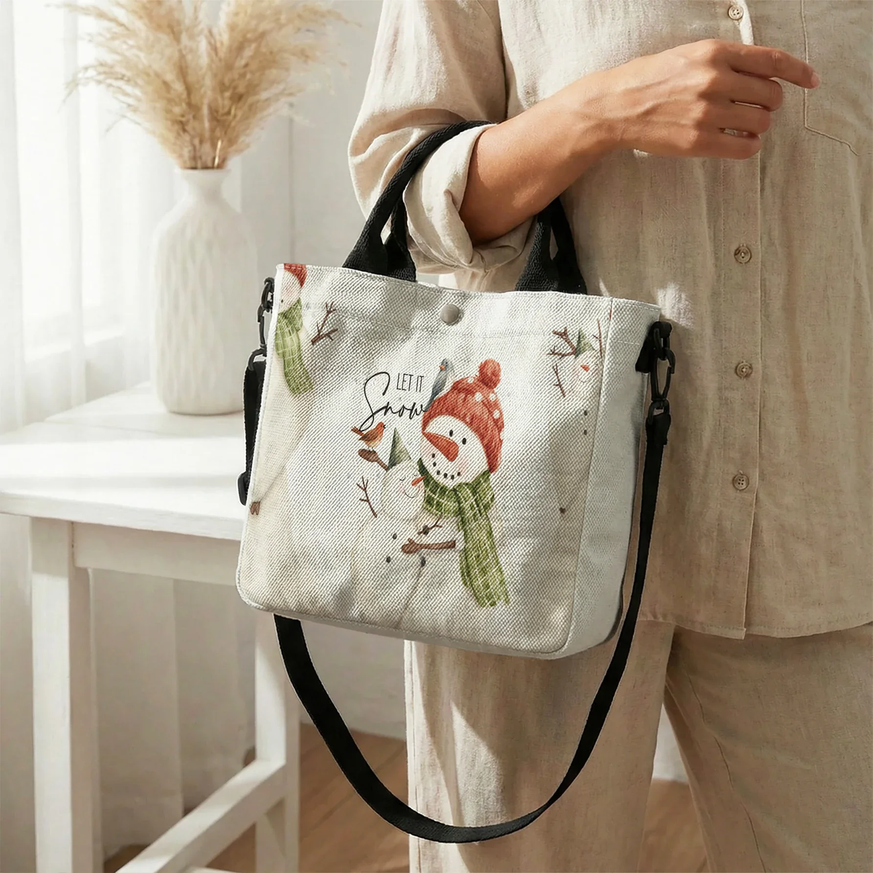 Let It Snow Snowman Print Tote Bag, Detachable Strap Crossbody Handbag For Daily Work Shopping