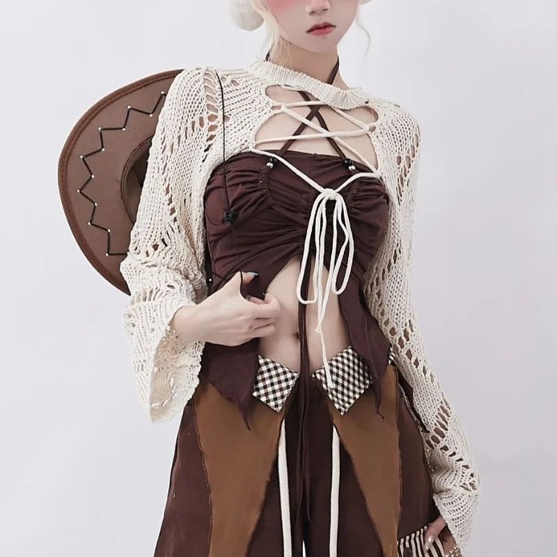 

Summer Versatile Striped Jacket with Hollowed Out Top American Retro Short Style Contrasting Color Knit Cardigan Female Clothing
