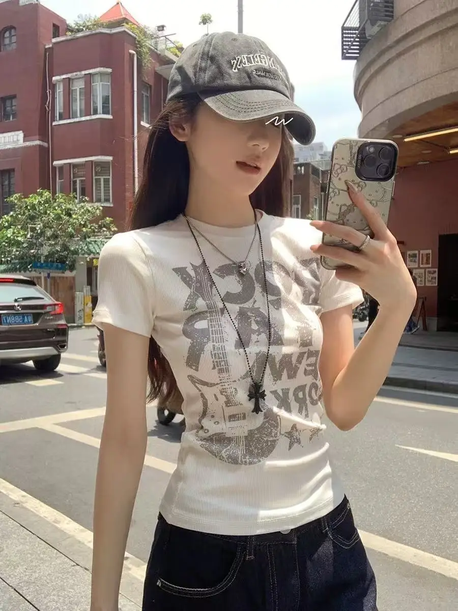 

Y2K Aesthetic Retro T-shirt Letter Print Short-sleeved Round Neck Fashion Slim Chic Harajuku Women Street Casual Top Cotton 100%