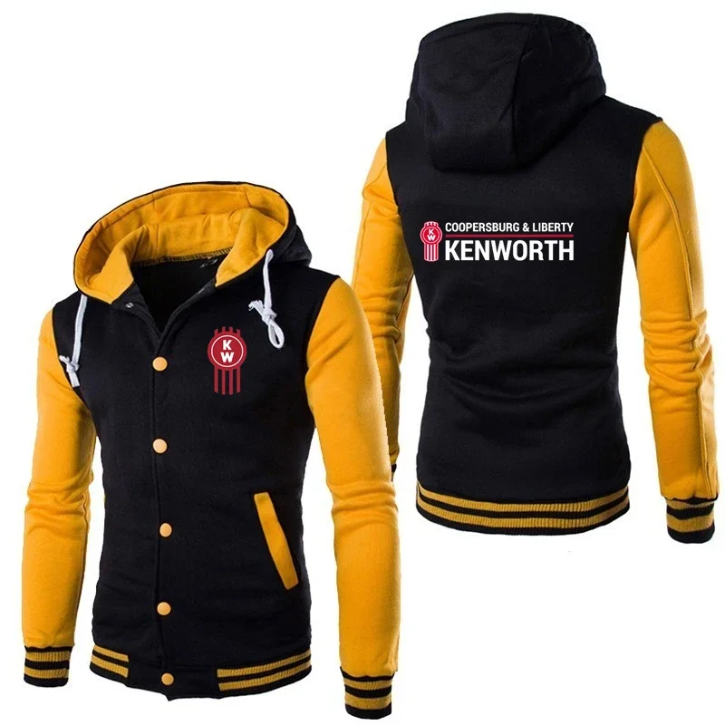 New Kenworth Logo Print Custom Made Spliced Men Long Sleeve Hoodie Jacket Warm Hooded Baseball Uniform Casual Man Sportswear Top