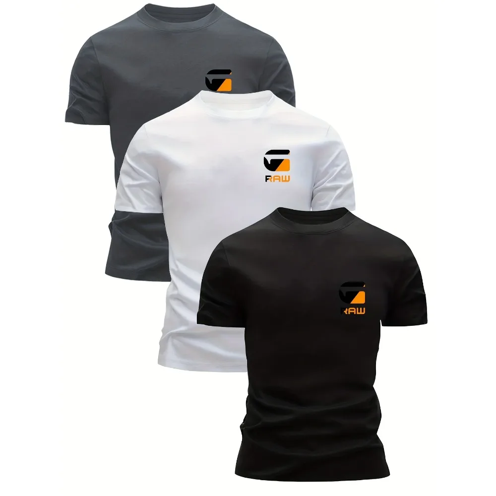 3 قطع تي شيرت رجالي بطبعة خام - 100% بوليستر بأكمام قصيرة ورقبة دائرية تي شيرت صيفي مع نسيج، ملابس خارجية غير رسمية